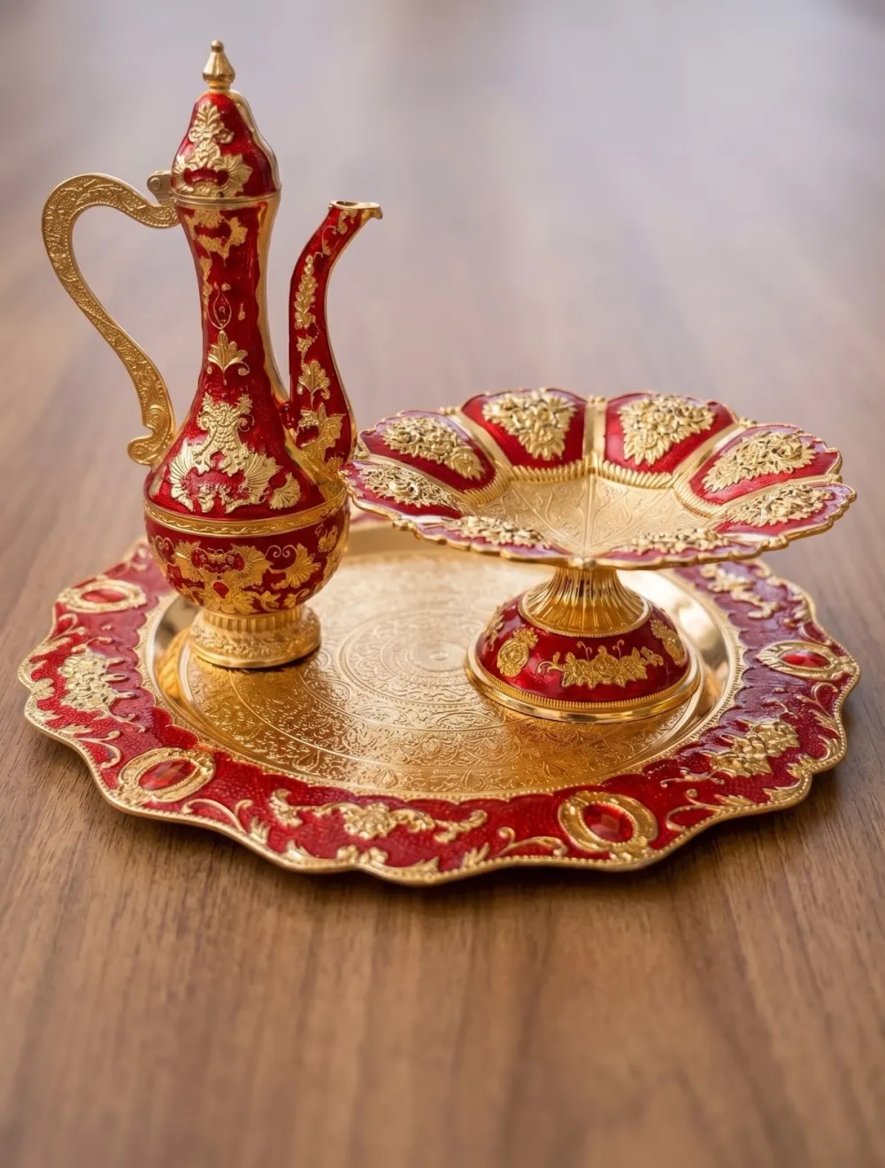 Joy Royal Red and Gold Embossed Tika Thali Set with Karuwa thumbnail 2