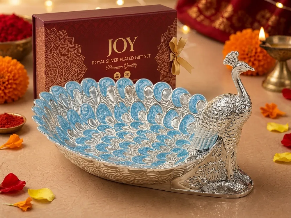 lver-Plated Peacock Dry Fruit & Tika Serving Platter - Daily Cart Nepal