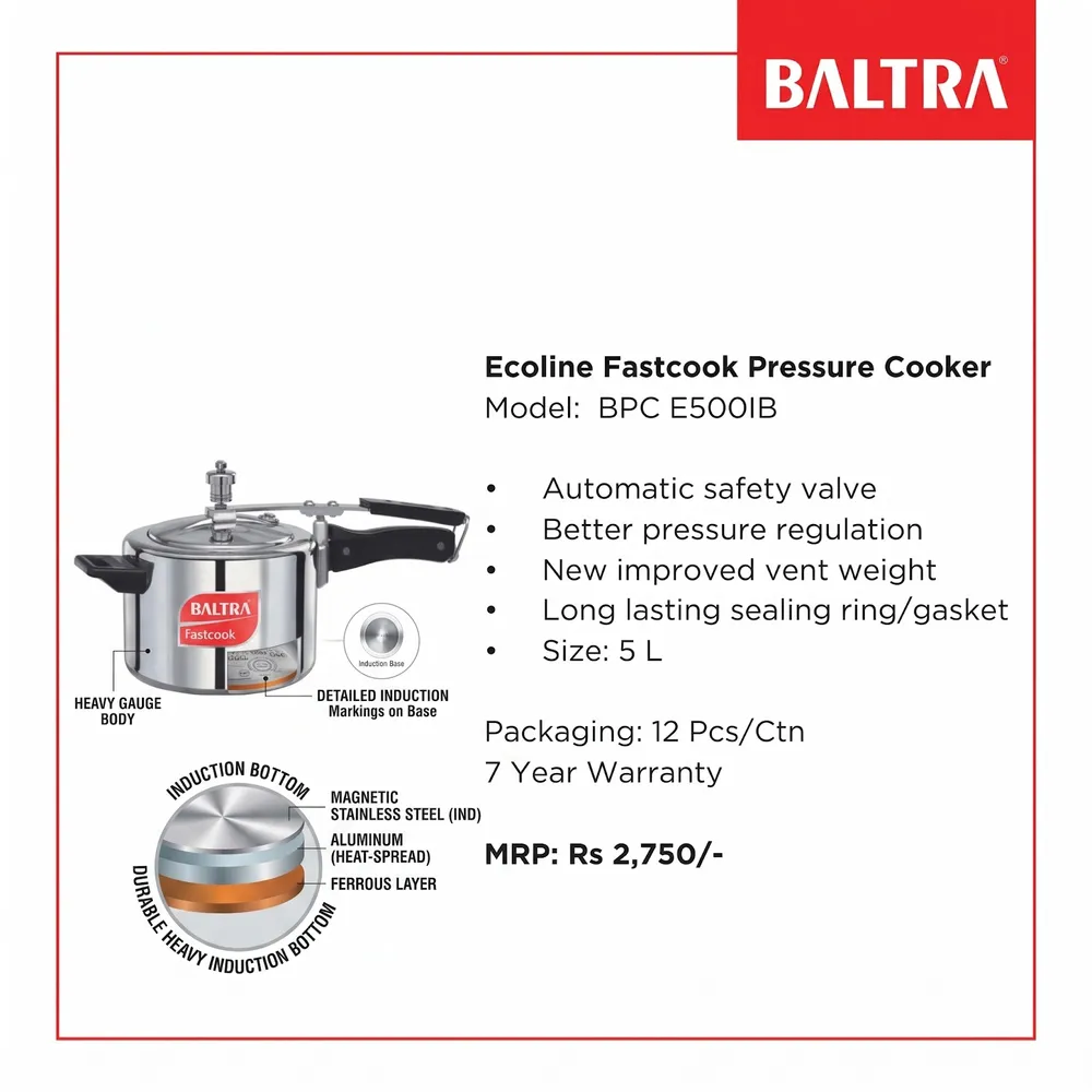 Baltra Ecoline Fastcook Induction Base Pressure Cooker 5L (BPC E500IB) thumbnail 2