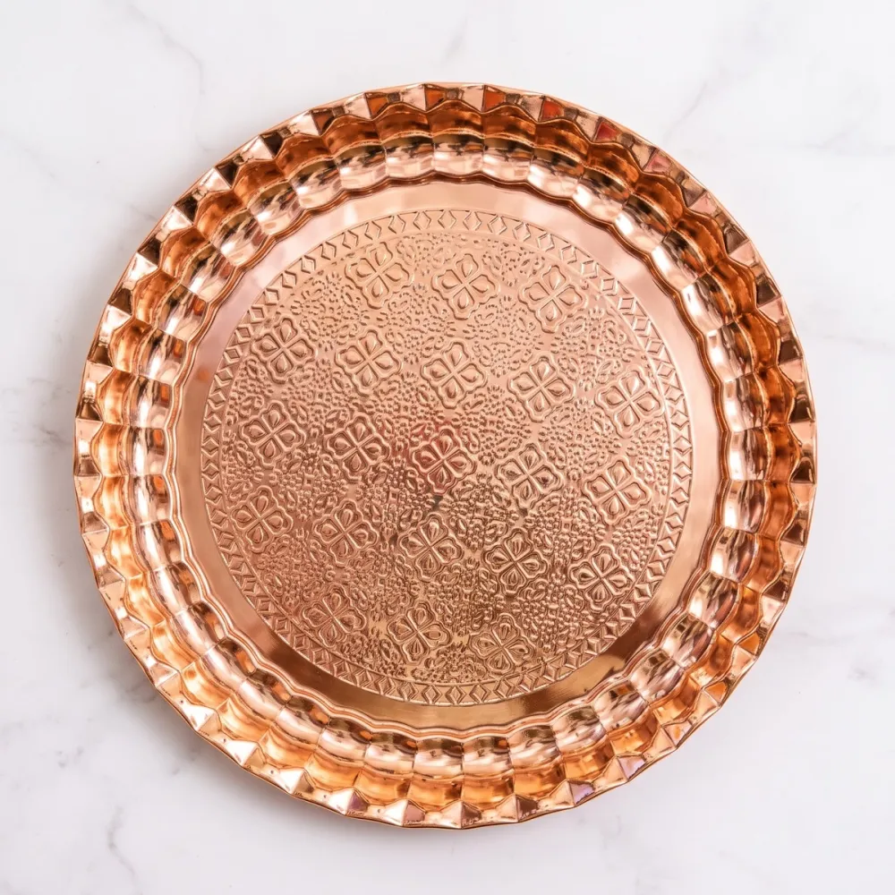 Copper Finish Decorative Floral Embossed Thali Platter (35 cm) - Daily Cart Nepal