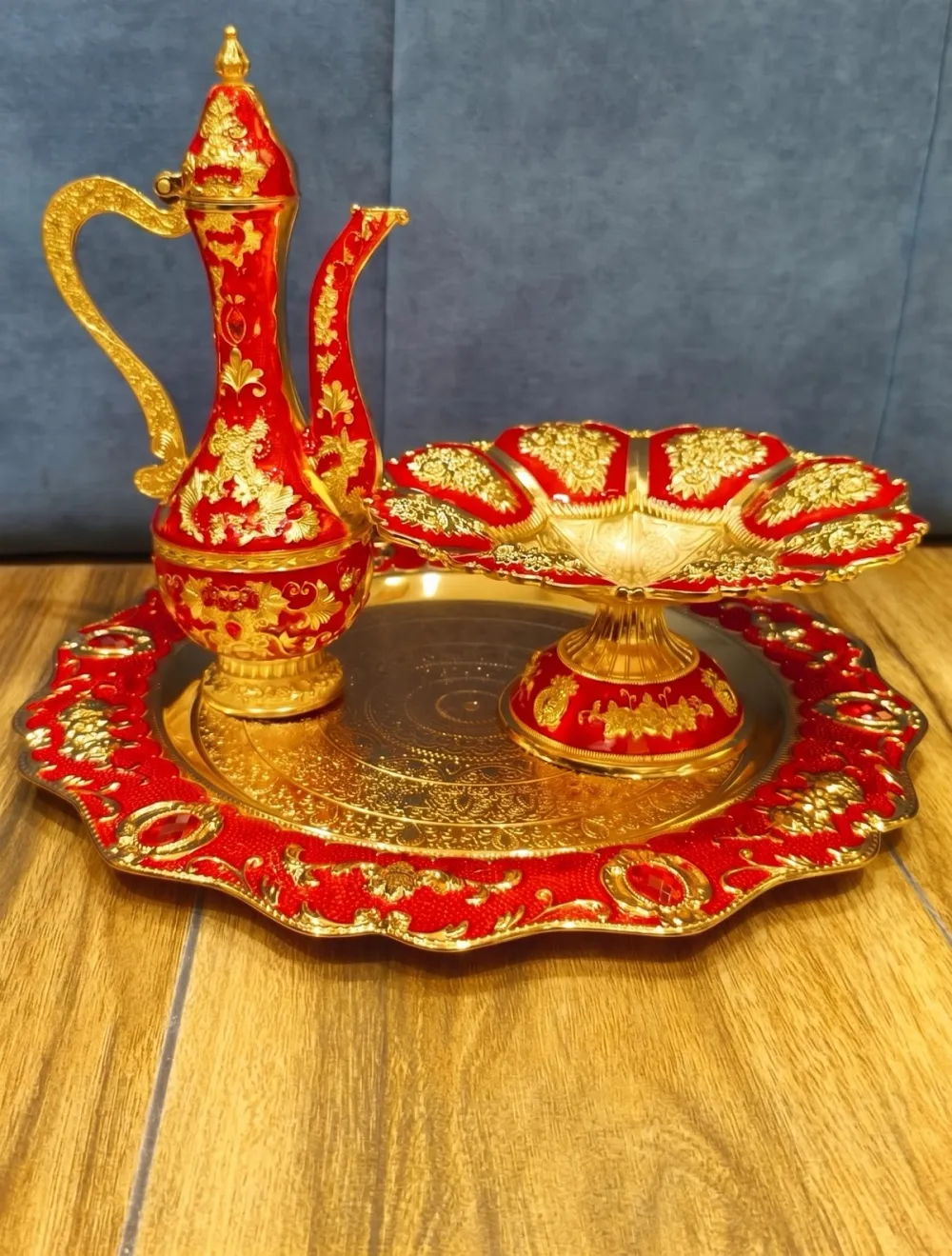Joy Royal Red and Gold Embossed Tika Thali Set with Karuwa - Daily Cart Nepal