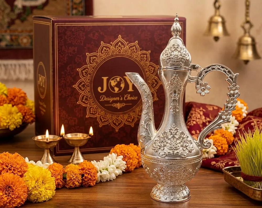 Joy Designer's Choice Antique Silver Embossed Puja Karuwa (25001) - Daily Cart Nepal