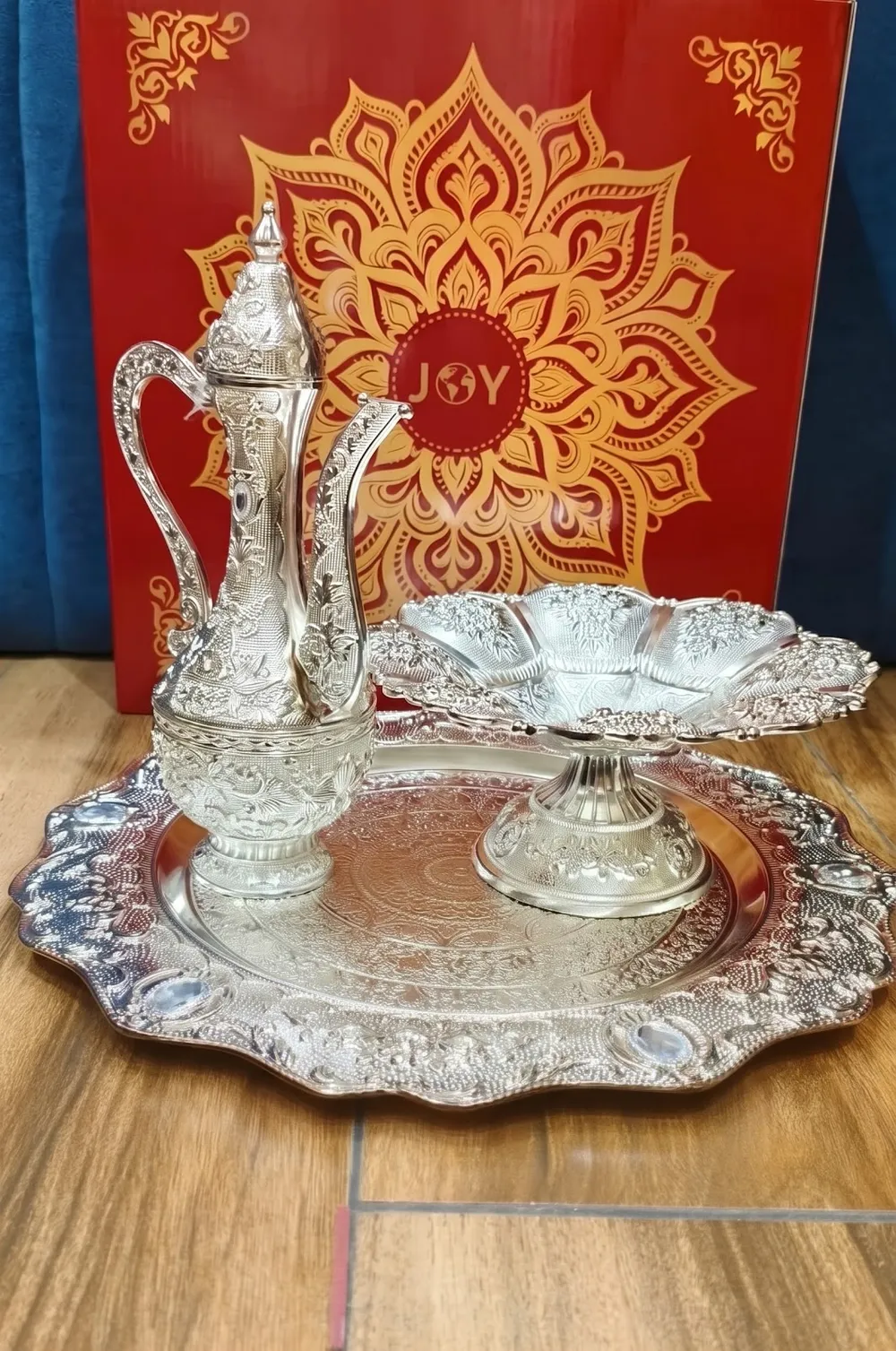 Joy Antique Silver Plated Embossed Tika Thali Set with Karuwa - Daily Cart Nepal
