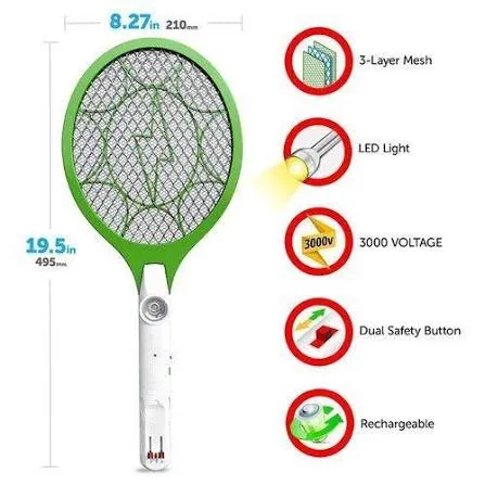 Rechargeable 3000V Electric Mosquito and Insect Swatter Bat with LED Light thumbnail 3